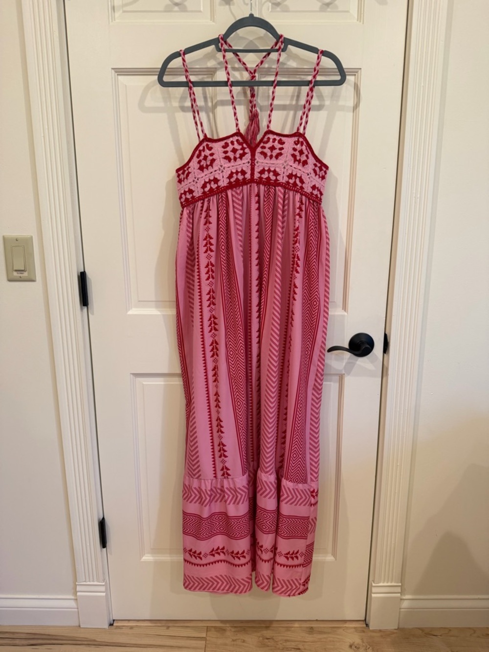 Women's Pink Maxi Dress with Red Embroidery - Sleeveless Summer Sundress